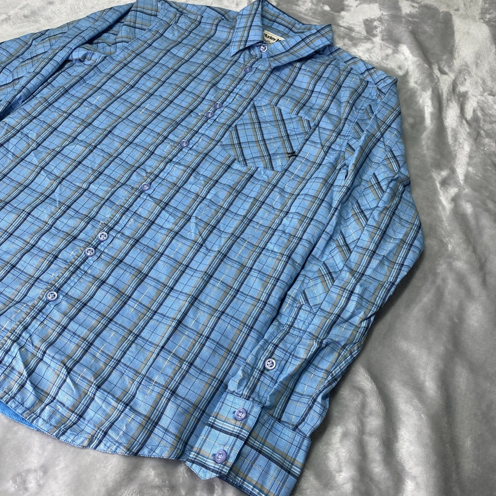 Hurley Button Up Shirt Mens Medium Blue Plaid Metallic Long Sleeve MVL611TR - Picture 7 of 13
